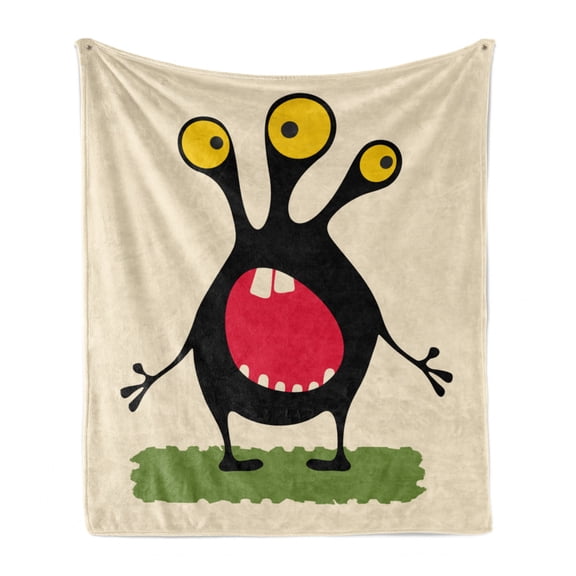 Alien Soft Flannel Fleece Throw Blanket, Childish Cartoon Style Funny Monster with 3 Eyes, Cozy Plush for Indoor and Outdoor Use, 60" x 80", Champagne Multicolor, by Ambesonne