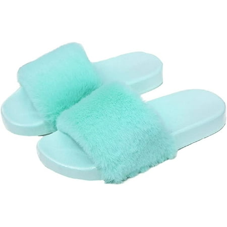 

CoCopeaunt Women s fur slippers open toe plush slippers indoor and outdoor flat sandals