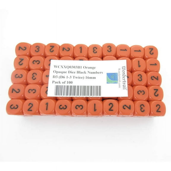 Orange Opaque Dice with Black Numbers D3 (D6 1-3 Twice) 16mm (5/8in) Pack of 100 Wondertrail