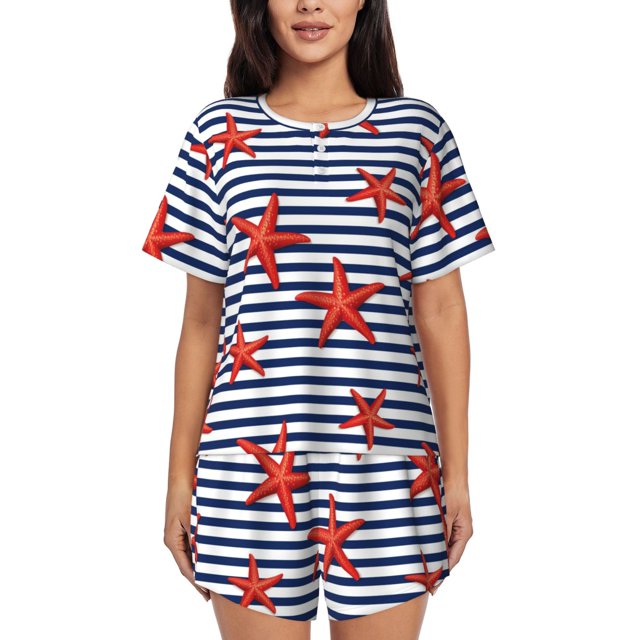 Fotbe Starfish Navy Blue Stripe Conjunto de Pijama Estampado para Mujer, 2 Piezas, Ropa de Dormir con Camiseta de Manga Corta y Shorts Suaves-XX-Large