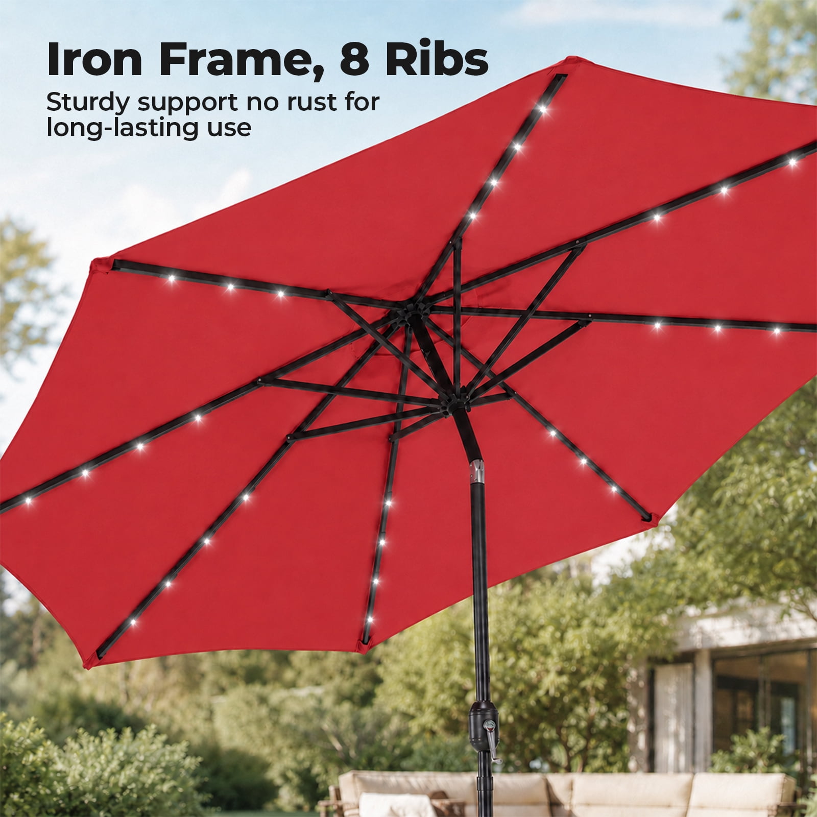 Alvantor 10ft Solar LED Lighted Patio Umbrella, Table Umbrella with 32 Lights, Push Button Tilt, UV-Resistant Canopy, for Deck, Garden, Pool, Café