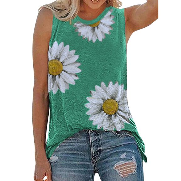 KOMOO Women Loose Tank Top Sleeveless Sunflower Print Round Neck Pullover Vest T-Shirt Plus Size