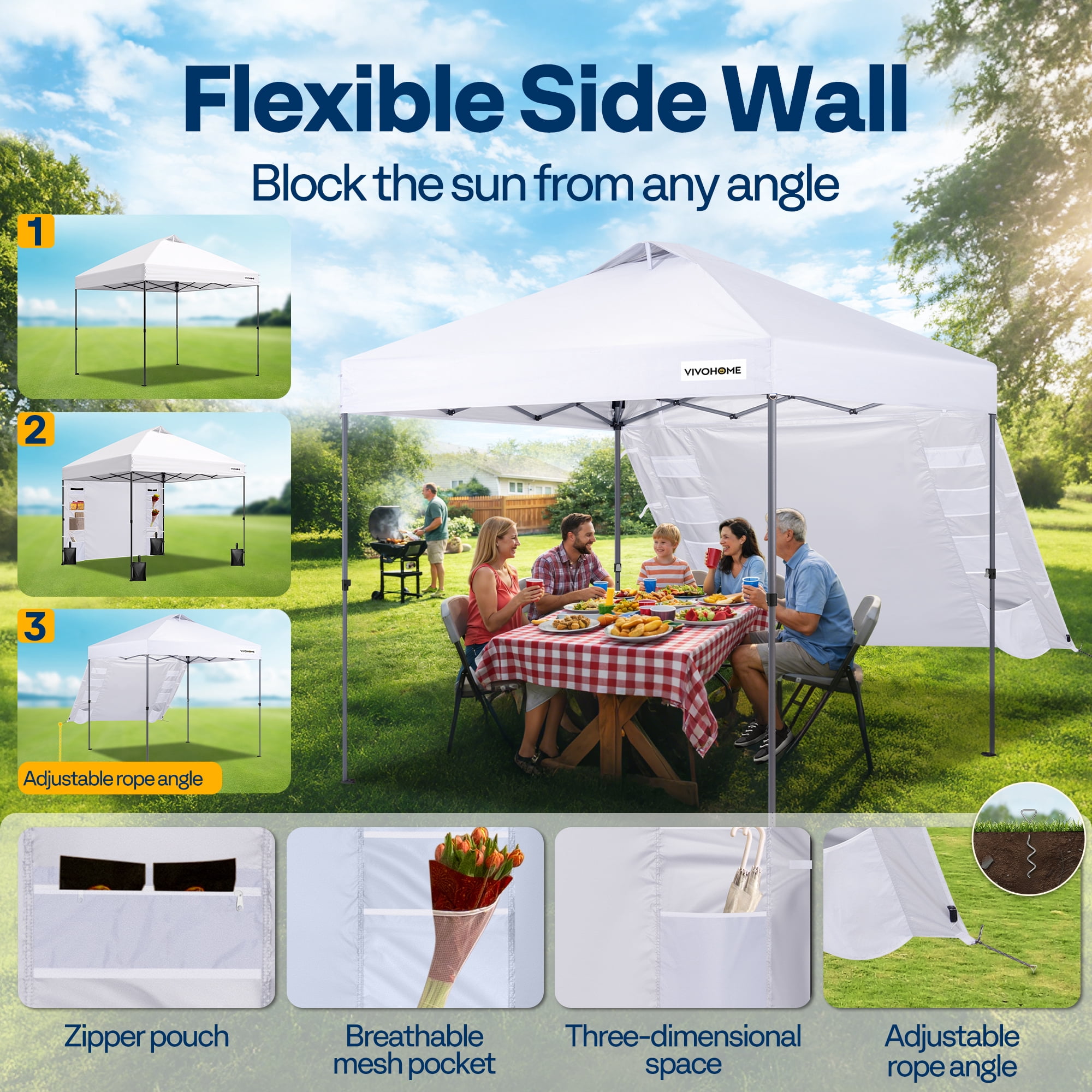 SPECSTAR 10'x10' Pop Up Canopy, One Push Set-up Tent with 1 Sidewall for Outdoor, White
