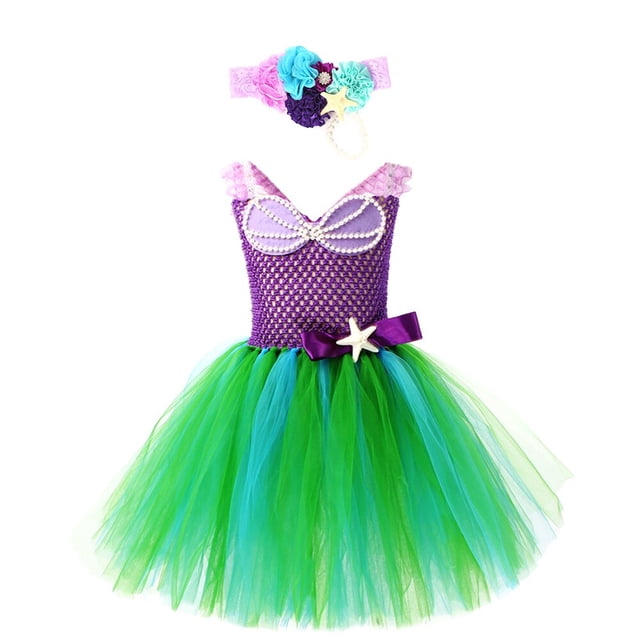 Disfraz de sirenita para niña, vestido de princesa Ariel, tutú de tul mullido púrpura y verde, para fiesta de disfraces, nuevas películas Fivean unisex