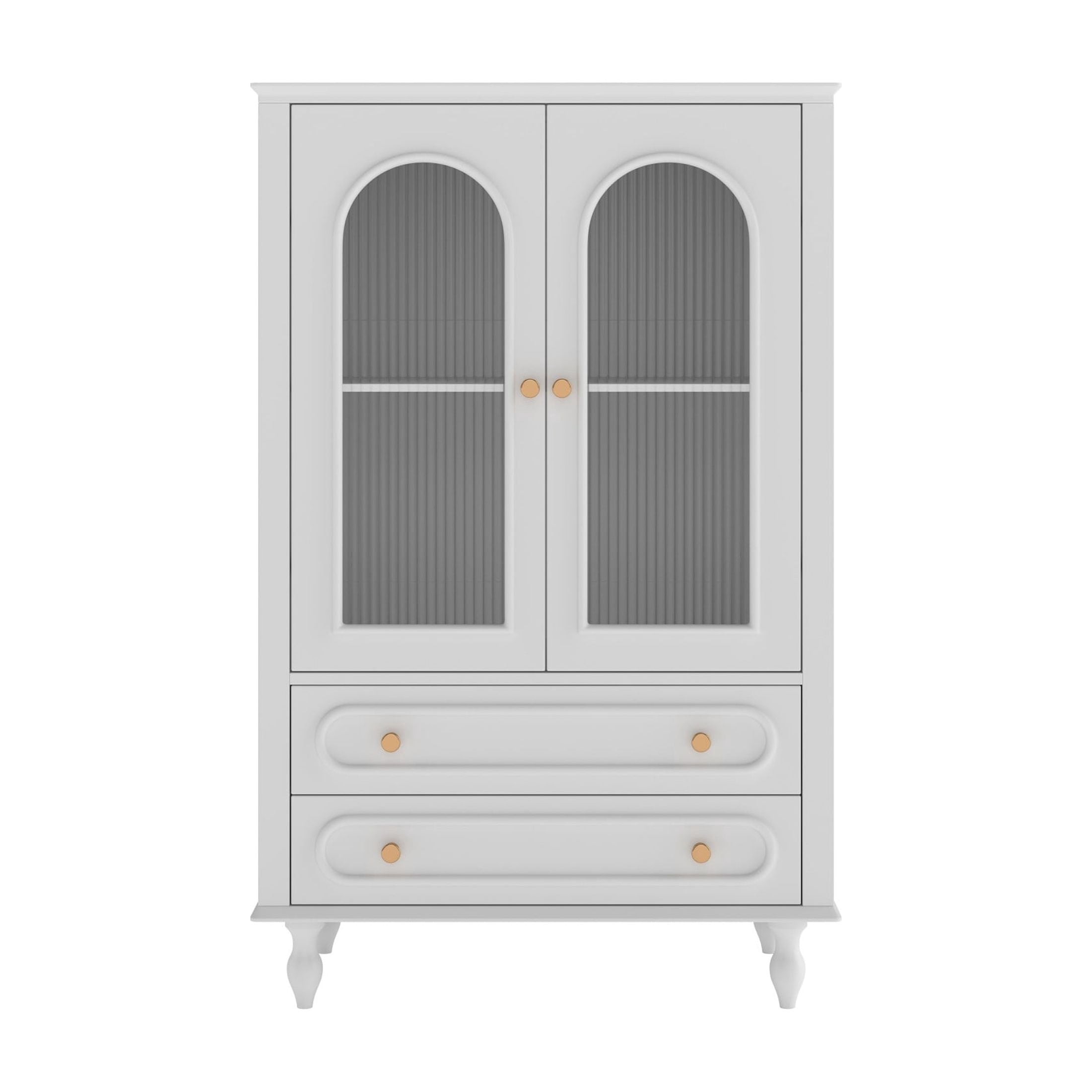 Noble House 46.5" Wooden Glass Display Cabinet with Ribbed Glass Doors, Adjustable Shelf & Storage Drawers, White