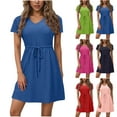 thumbnail image 5 of Dvprdro Robe d'Été Décontractée Unie à Manches Courtes pour Femme, Mode Élégante, Col en V, à Nouer, Robe Courte de Plage et Soleil, 5 of 5