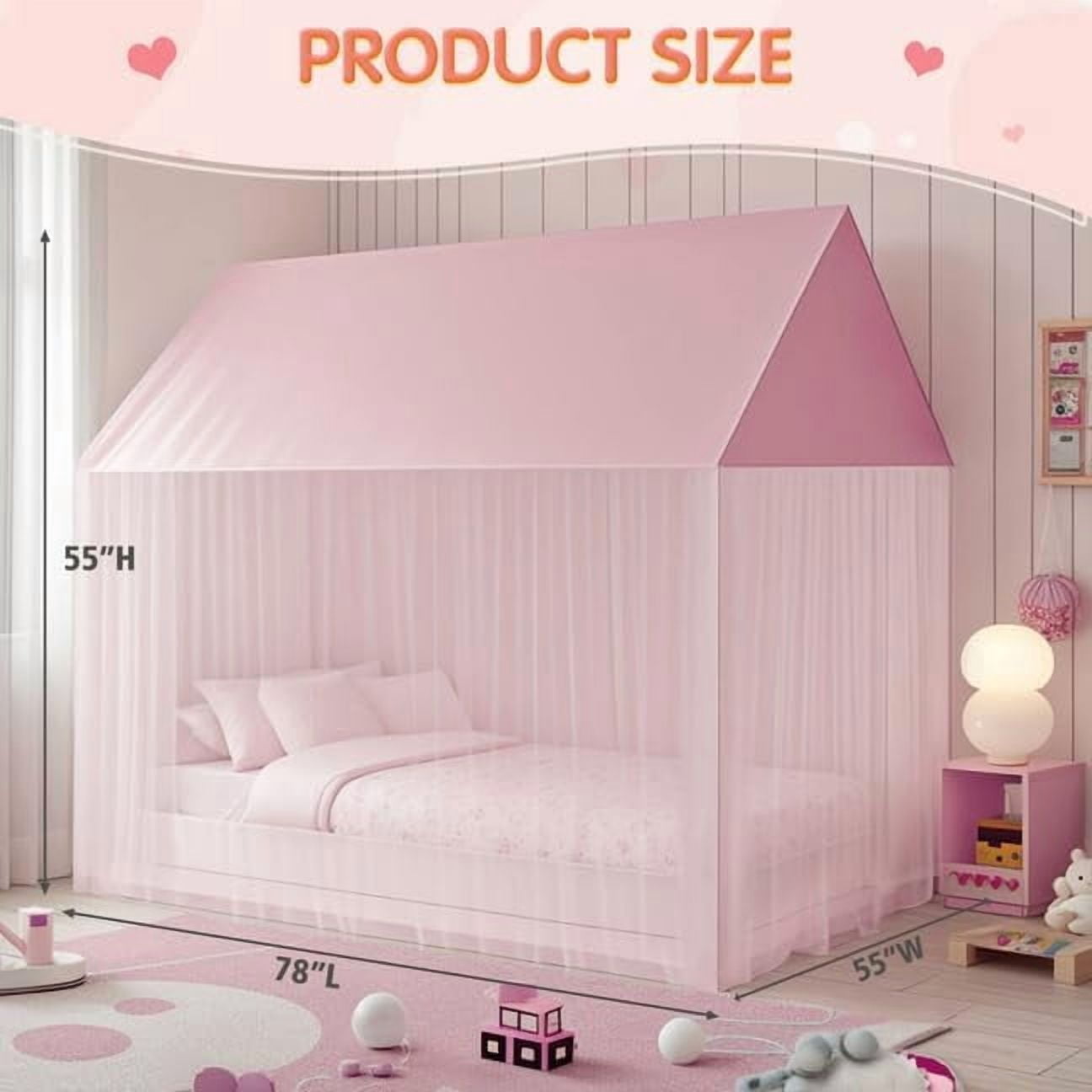 Princess Bed Canopy for Girls - Pink Bed Canopy Princess Castle Dreamy Playhouse Mosquito Net Reading Nook Canopies Play Tent Canopy Bed Curtains for Kids Room(Twin,Full)