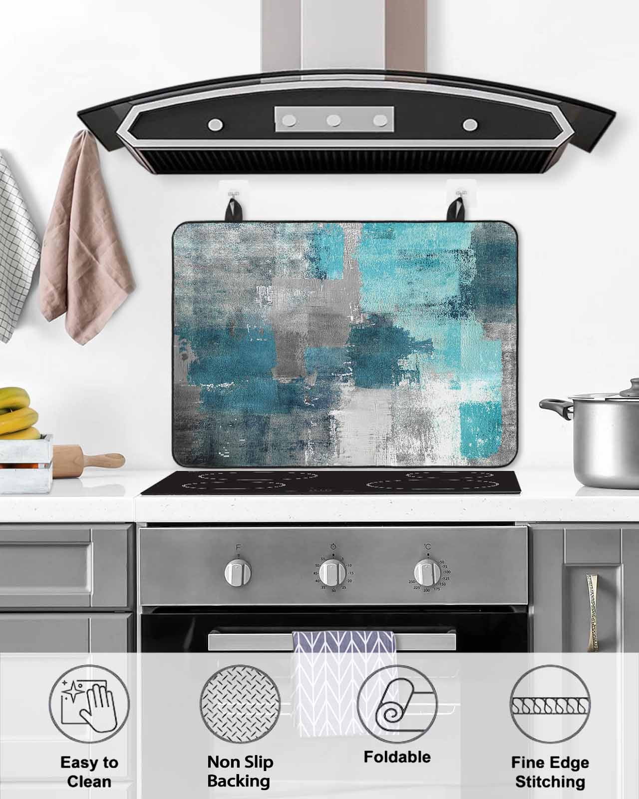nqOlkjepod Large Induction Cooktop Protector Mat 36"x21", Turquoise Grey Painting Stove Top Covers for Electric Stove, Abstract Street Smear Art Modern Stove Burner Cover Mats, Glass Top Stove Cover