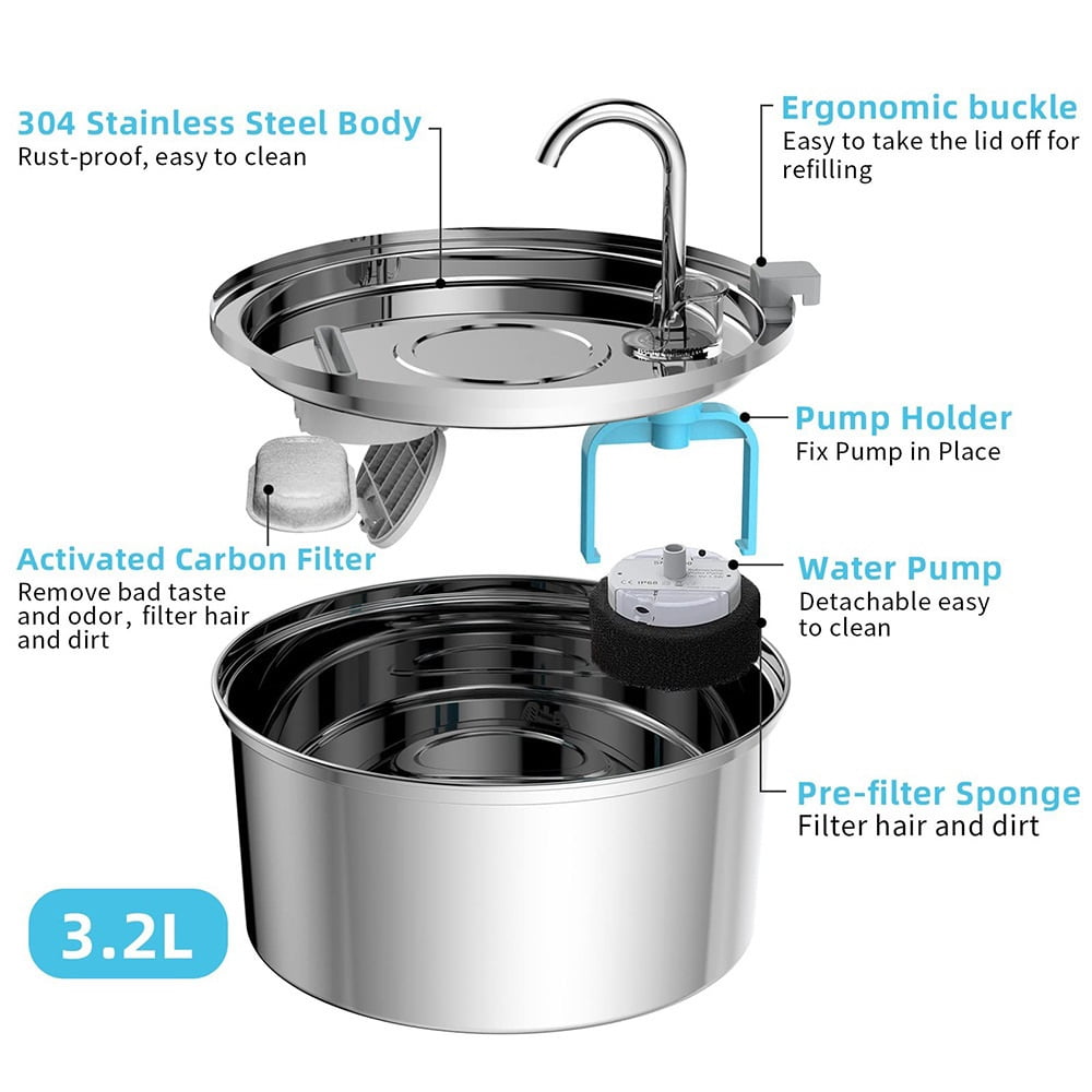 PawQuench Automatic Pet Water Fountain, Fountain Pump with Filter Elements, 3.2L/108oz Stainless Steel Cat & Dog Drinking Fountain Indoor/Outdoor - Ultra-Quiet for Small Large Pets