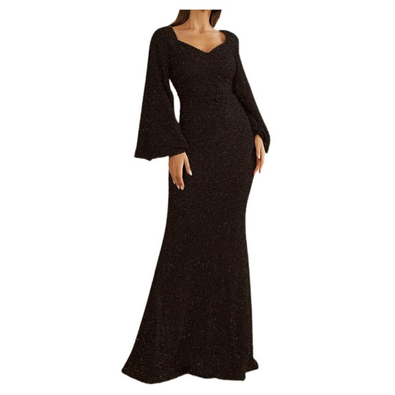 Elegant Maxi Dresses for Women Solid Long Sleeve Deep V Neck Bodycon Floor Length Dress Evening Gown Black L