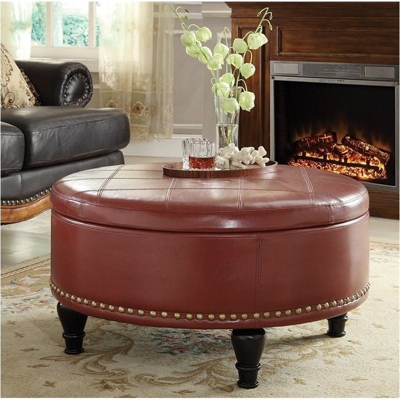 Pemberly Row Storage Leather Ottoman in Crimson Red