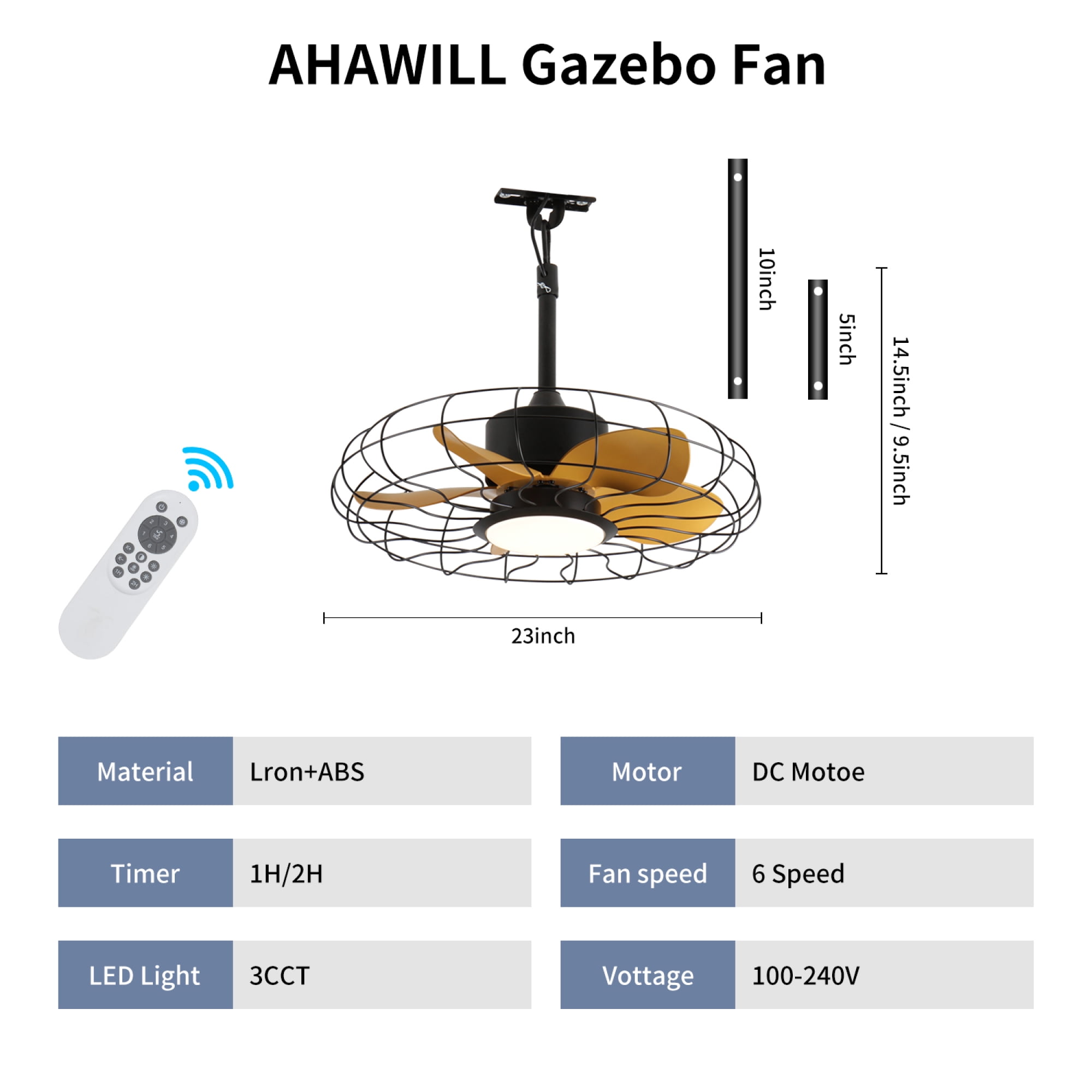 Jopath 23 Inch Outdoor Ceiling Fan with Light and Remote Control,IP65 Waterproof 3CCT 6-Speeds for Patio Porch Pergola