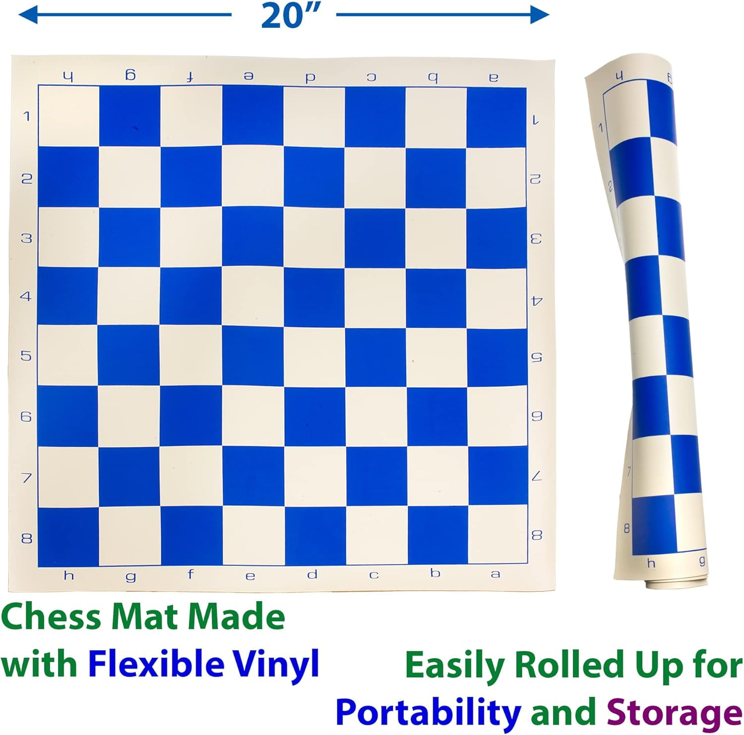 Sterling Games Chess Mat and Chess Pieces Set 20" x 20" Roll Up Vinyl Travel Chess Set, Blue