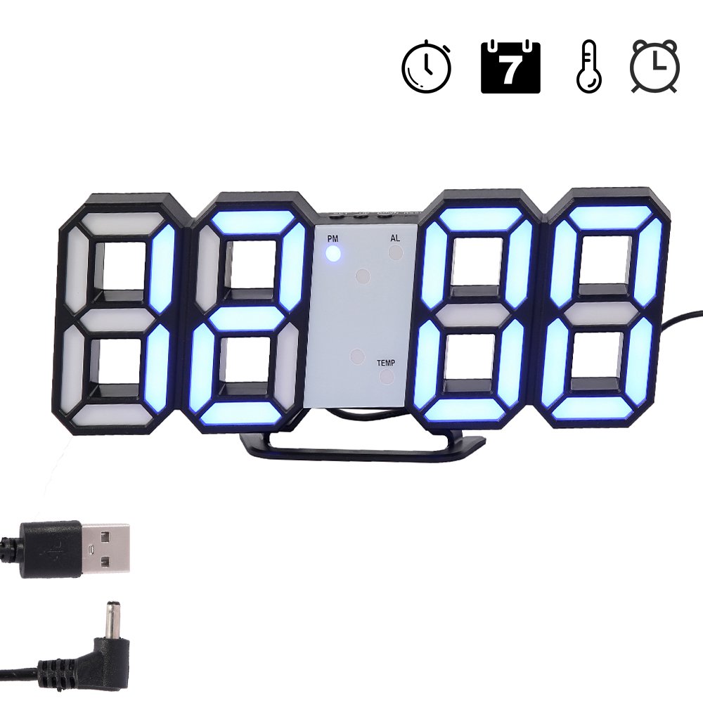 Willstar BLACK/WHITE/BLUE LED Digital Wall Clock with 3 Levels Brightness Alarm Clock Wall