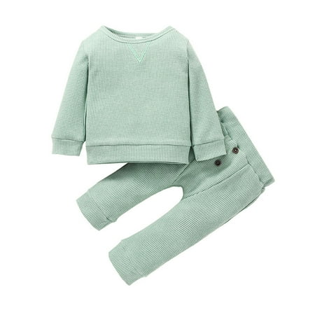 

Toddler Baby Girls Boys Outfits Solid Sweatshirt Tops+Button Pants Outfits Set