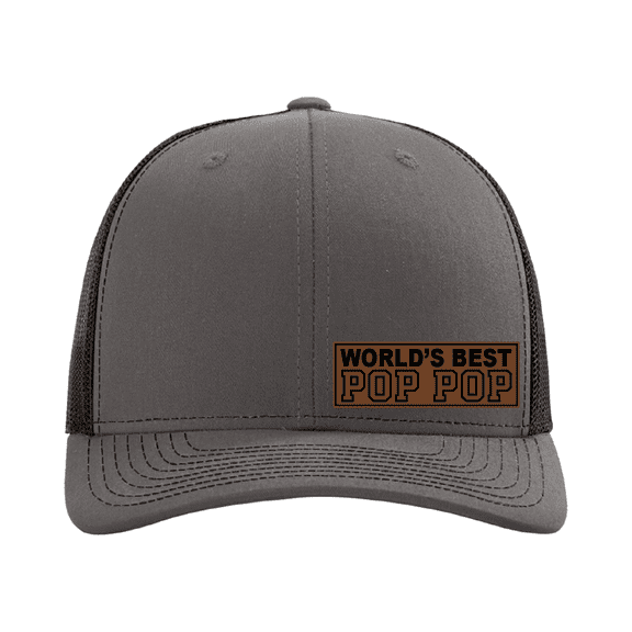 World's Best Pop Pop Hat, Leather Patch Trucker Cap, Custom Personalized Pop Pop Gift, Best Grandpa Hat, Custom Cap for Him (Charcoal Black)