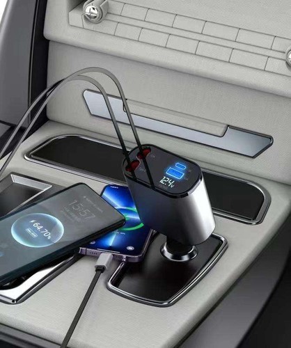 100W 4-in-1 Car Charger - Dual Retractable PD/USB-A Cables, 120W Max Fast Charge