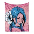 thumbnail image 1 of Aloha Soft Flannel Fleece Blanket, Hawaiian Luau Girl and Hibiscus in Surreal Comic Strip Pop Art Design, Cozy Plush for Indoor and Outdoor Use, 50" x 60", Magenta Pale Pink and Blue, by Ambesonne, 1 of 5