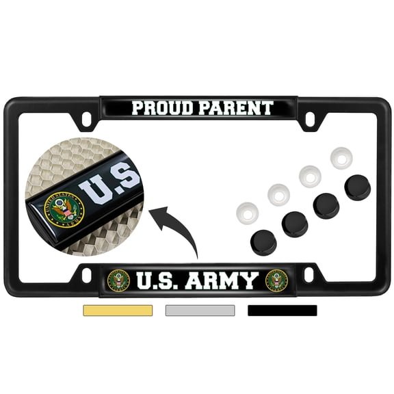 [Officially Licensed Product] - U.S. Army Proud Parent - Domed Custom-Made Personalized Narrow (Thin) Top 4 Hole Metal Car License Plate Frame with Free caps
