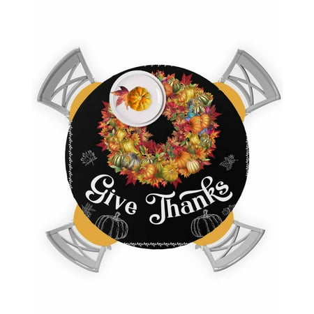 

Round Tablecloth with Elastic Give Thanks Fall Pumpkin Maple Leaf Wreath Rope Waterproof Stain-proof Table Cover Wipeable Fitted Table Cloths for 45 -54 Round Tables Dining Kitchen