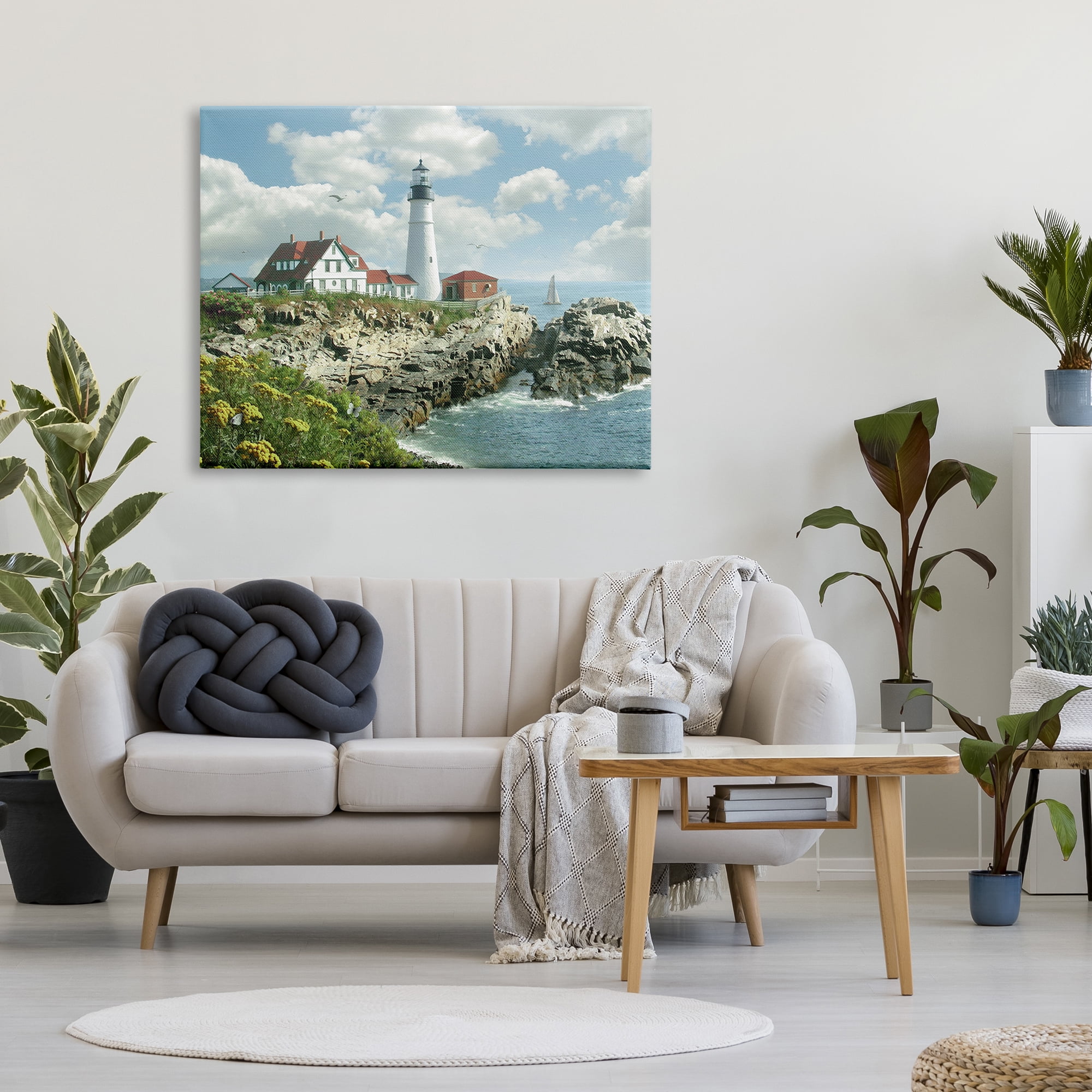 The Stupell Home Decor Collection Portland Head Lighthouse Scene Grassy Ocean Side Peninsula with Sail Boat Super Canvas Wall Art
