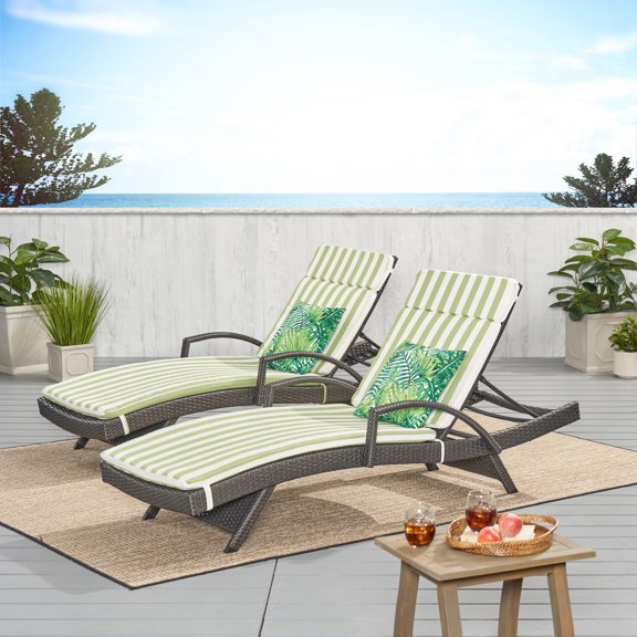 Noble House Salem Outdoor Wicker Arm Chaise Lounge in Green and White (Set of 2)