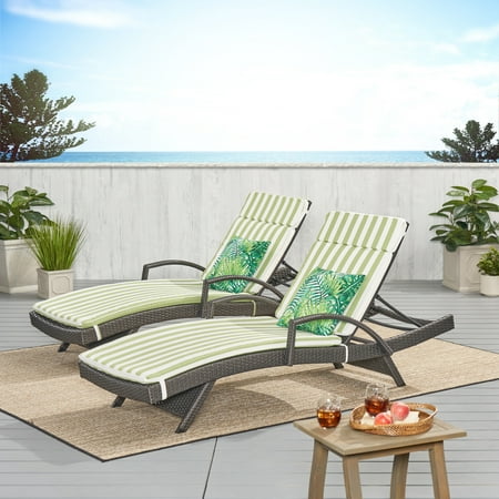 Anthony Outdoor Wicker Armed Chaise Lounges with Cushions Set of 2 Grey Green and White Stripe