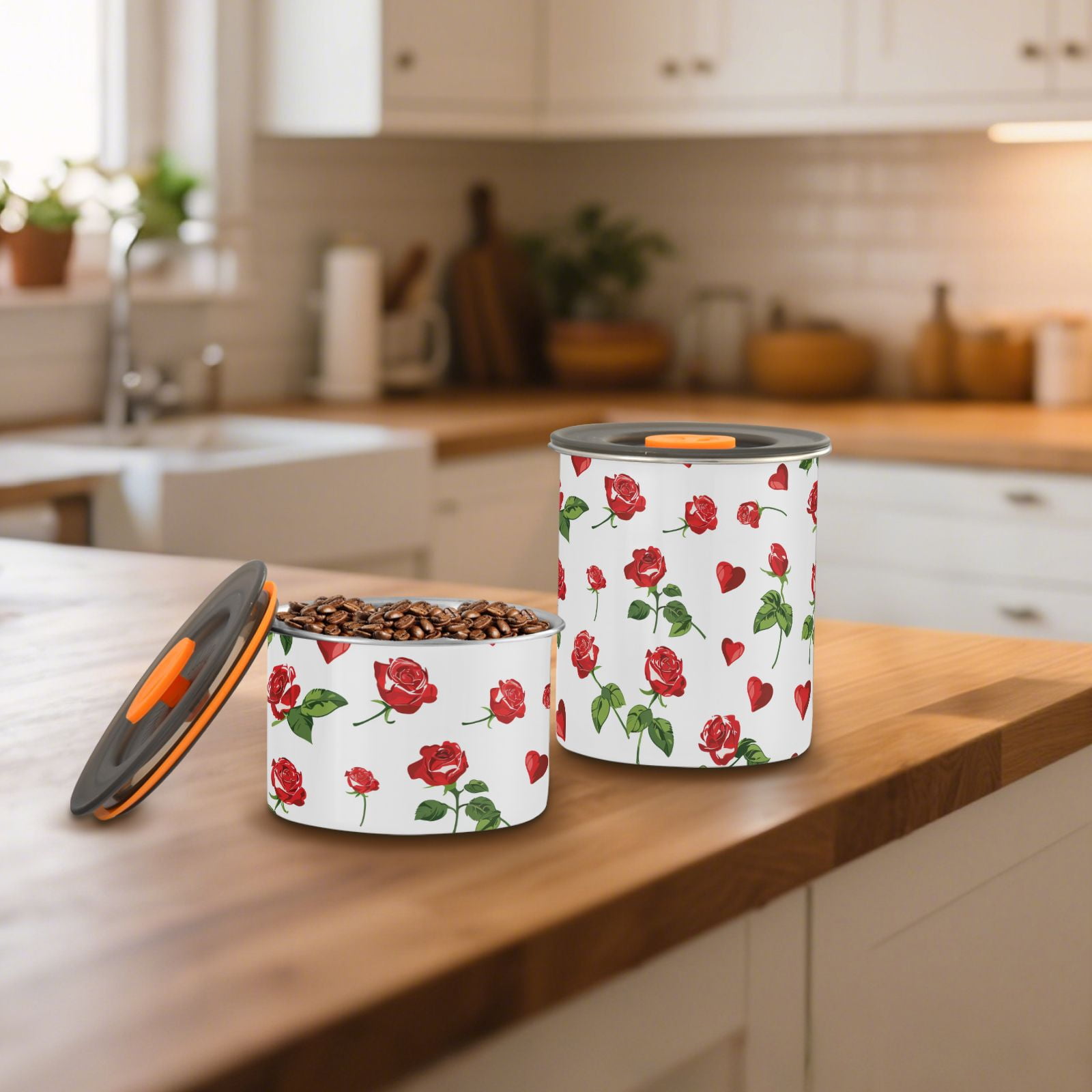 Heart Red Rose Flower Floral Airtight Coffee Bean Canister 30oz Food Storage Containers with Lids For Gournd, Tea, Sugar, Flour, Rice, Cereal, Candy Cookie Jar