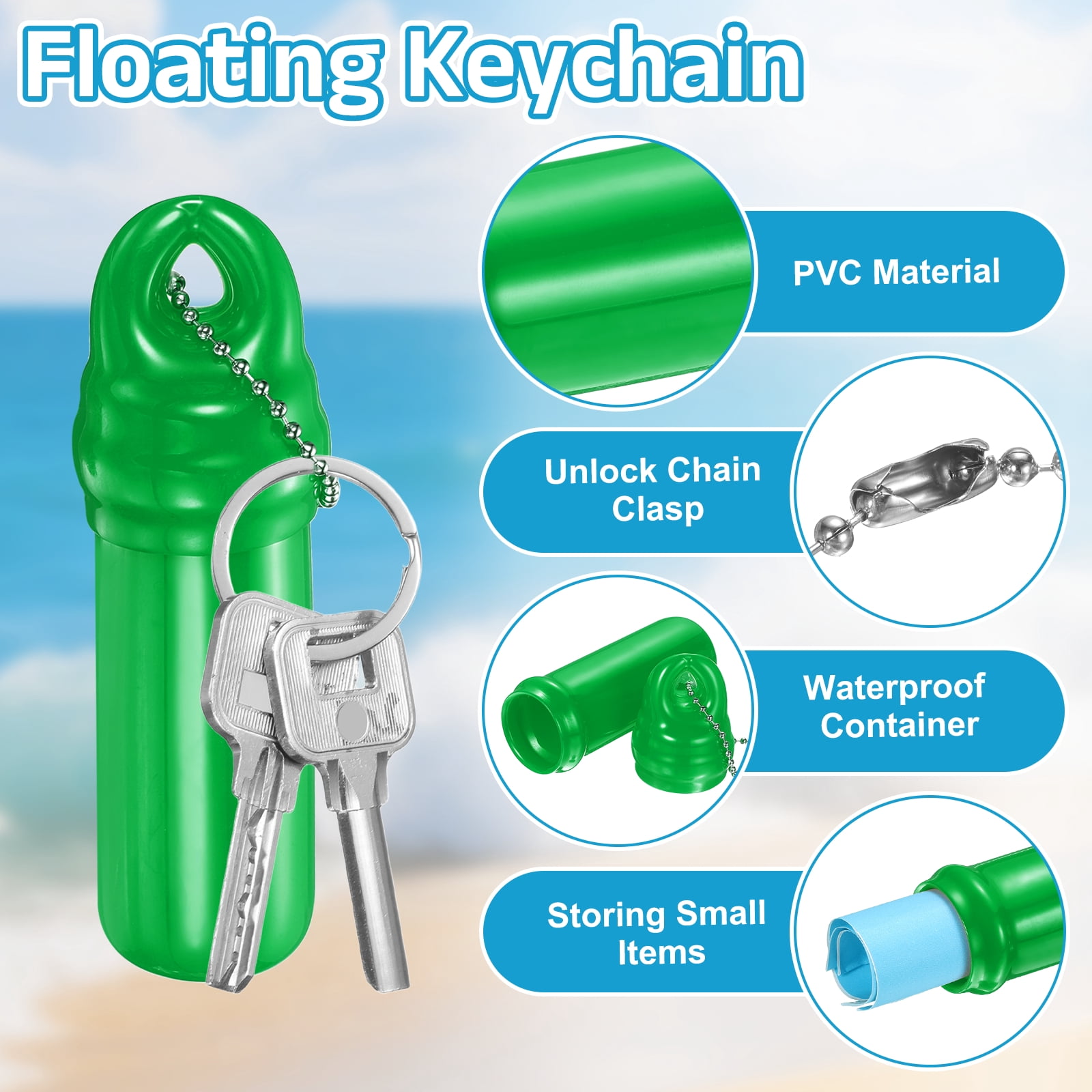 10 Pack Floating Keychain, Float Key Ring Holder with Waterproof Container, Float Key Pendant for Boating, Fishing, Water Sports, Green