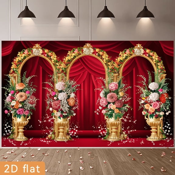 Floral Arch Happy Birthday Backdrop Red Curtain Wedding Background Colorful Flower Birthday Festival Gathering Party Decorations Banner Supplies Photo Booth Props
