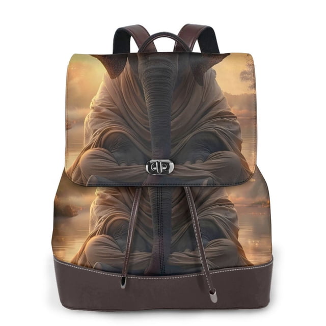 Disketp Lake Meditating Elephant Mochila de Cuero para Mujer, Bolso de Espalda Antirrobo con Estilo para Viaje, Trabajo y Uso Diario