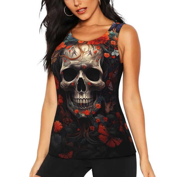 Balery Vintage Butterfly Flower Skull Camiseta sin mangas estampada ligera para mujer, tops de entrenamiento sin mangas, camisetas de yoga transpirables de secado rápido.-X-Large
