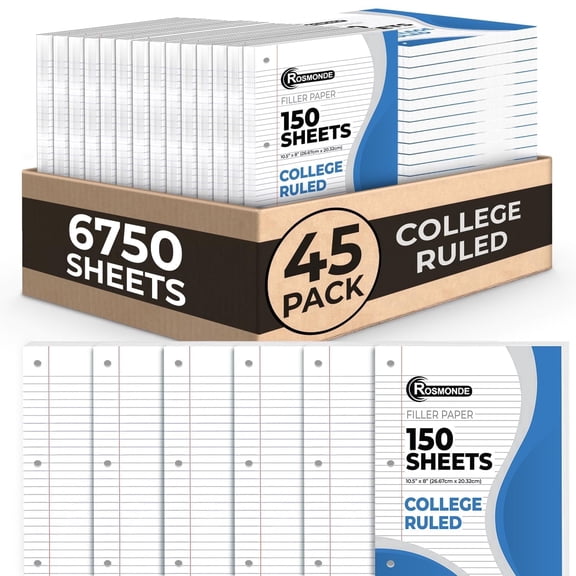 Rosmonde Loose Leaf Paper, 6750 Sheets, College Ruled Paper, Notebook Paper for Office, 8 x 10.5", Bulk Loose Leaf Paper, 3 Hole Punched, 45 Pack, 150 Sheets/Pack, Bulk White Filler Paper, Bulk Paper