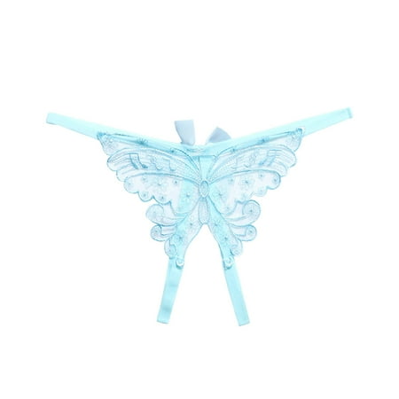 GHSOHS Womens Underwear Thongs Cotton Panties Underwear for Women No Show Panties Thong Thin Belt Open Thong T Pants Briefs Low Waist Butterfly Embroidered Lace Underwear Blue Panty High Waisted L