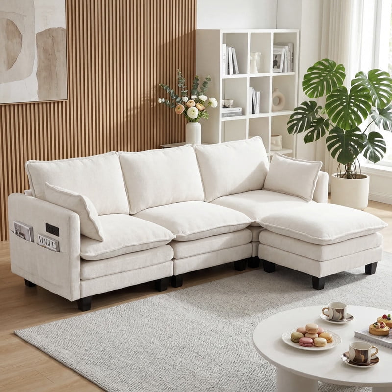 Modern 110"W Chenille L-Shape Sectional Sofa Set,3-Seat Sofa Couch + Ottoman, USB Port, Side Pocket