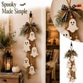 thumbnail image 2 of Rustic Wooden Ghost Halloween Wall Hanging, Sweet Smiling Ghost Door Hanger with Tassel Bow Faux Greenery, Farmhouse Halloween Wall Decor for Entryway Living Room, 2 of 8
