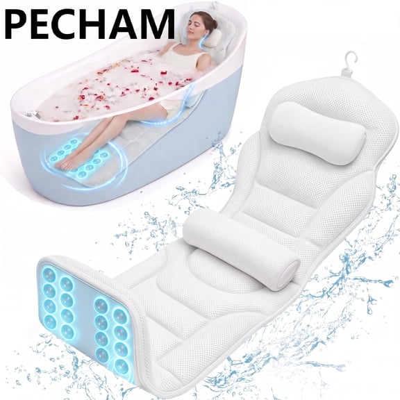 PECHAM Full Body Bath Pillow, 52" x17" Ultra Soft Bathtub Pillow for Head Neck Back Support, Bath Accessories with Strong Suction Cups - White