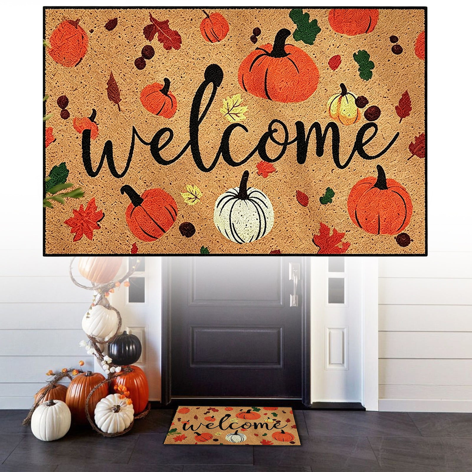 Pumpkin Welcome Doormat Fall Non-Slip Entrance Door Mat for Front Door Porch Indoor Outdoor Entryway Thanksgiving Home Decor