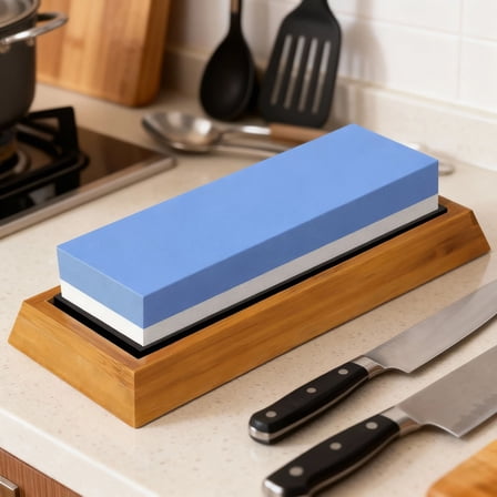 Whetstone Knife Sharpening Wet Stone, 2 Side 1000/6000 Grit Waterstone Sharpener Kit with NonSlip Bamboo Base