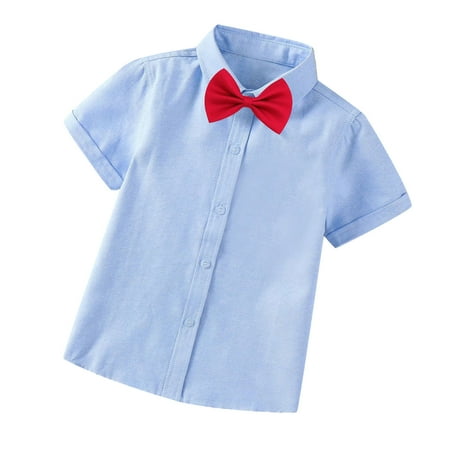 

Virmaxy Toddler Baby Boys British Style Dress Shirt Bow Tie Suit Kids Boys Solid Short Sleeve Lapel Tops with Pocket Fashion Gentleman s School Uniform Bow Tie Suit Blue-B 6T