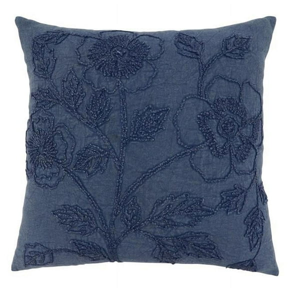 SARO 683.DN20SP 20 in. Square Denim Stone Washed Floral Throw Pillow with Poly Filling