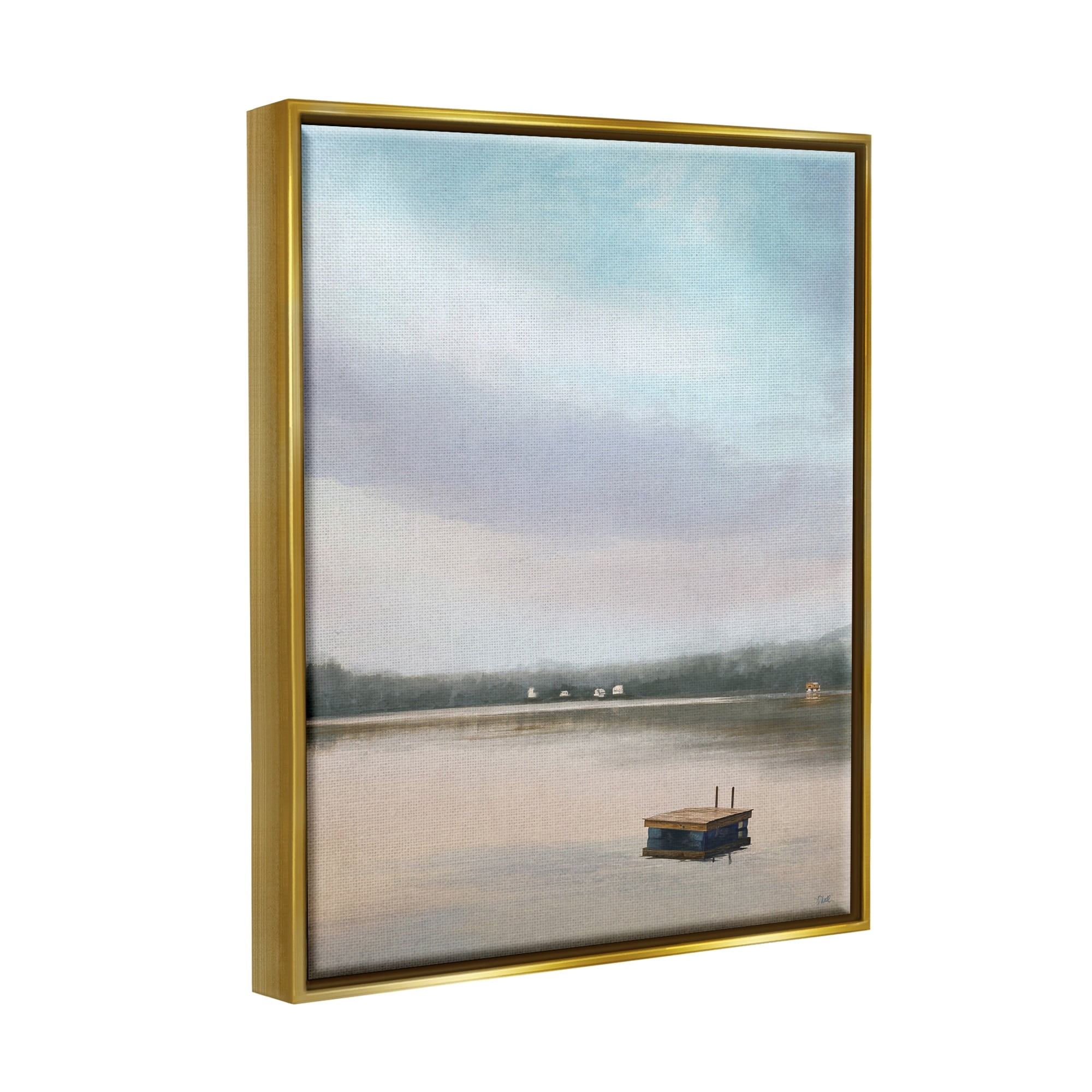 Stupell Industries Lone Floating Dock Serene Lake View Pastel Sky Painting Metallic Gold Floating Framed Canvas Print Wall Art, Design by Amy Hall