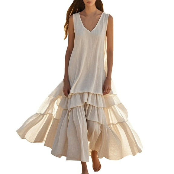 THDHVS Plus Size Dresses for Curvy Women,Women's Casual Dresses,Womens Boho Summer V Neck Sleeveless Floral Flowy Casual Long Dress Beige L