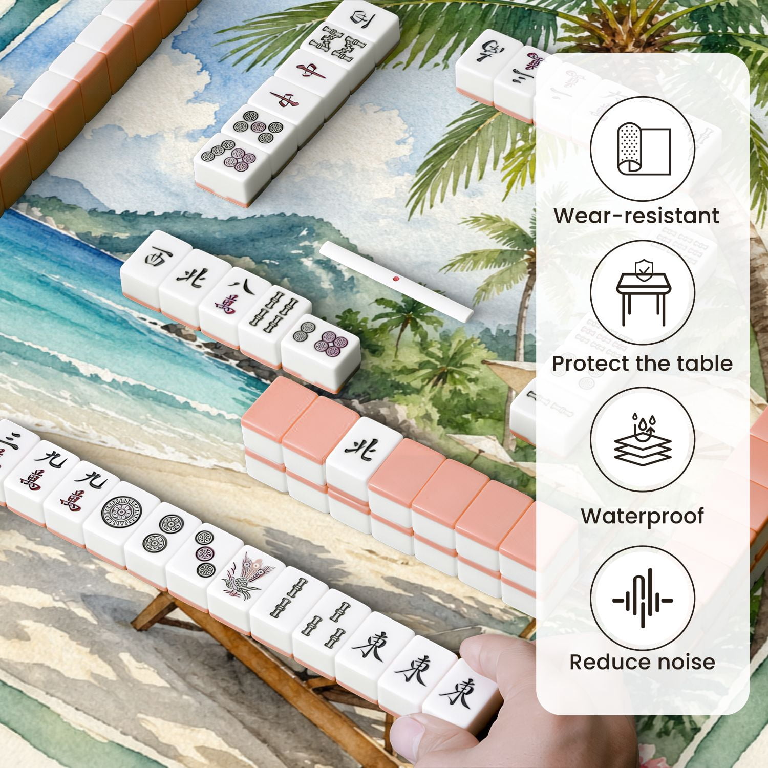 Mahjong Mat 31.5" x 31.5" Tropical Beach Palm Trees Lounge Chairs Ocean Non-Slip Noise Reduction Mahjong Tiles Table Cover for Dominoes Poker Card Board and Tile Games