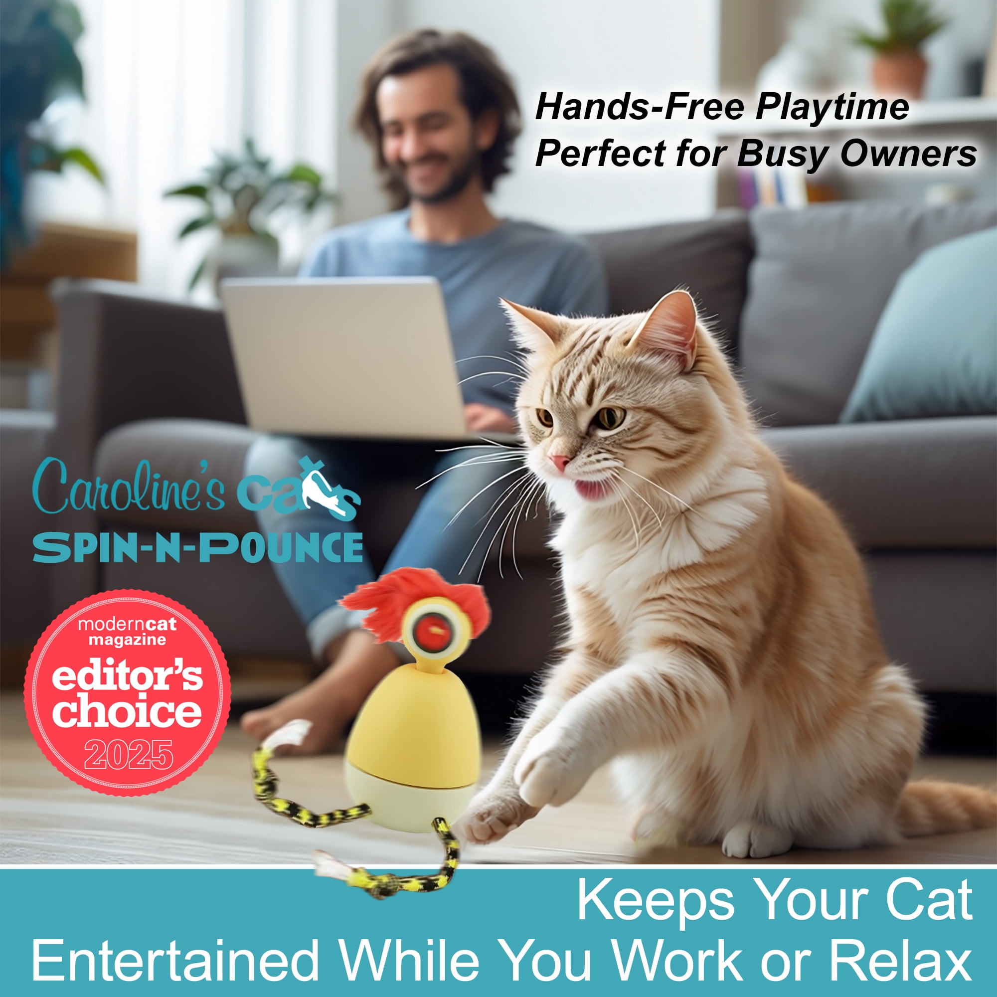 Caroline’s Cats Spin-N-Pounce Rechargeable Automatic Cat Toy, Motion Activated 360° Spinning Toy for Indoor Cats, Self Play Exercise & Enrichment Toy for Bored Cats