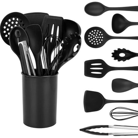 Silicone Cooking Utensils Set - 446°F Heat Resistant Kitchen Utensils Set, 10PCS Kitchen Gadgets with Hanging Hole for Nonstick Cookware, Dishwasher Safe, Black