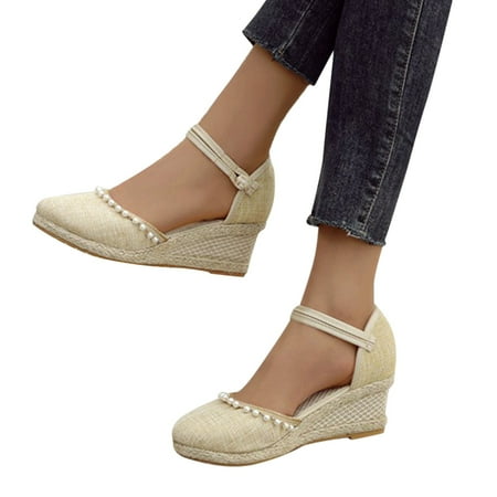 

dmqupv Formal Sandals for Women Low Wedge Slippers Womens Style Wedge Summer Pattern Resort Wedge Sandals for Women Stripped Shoes Beige 6.5