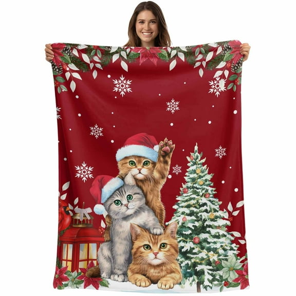 Red Christmas Cats Throw Blankets, Winter Floral Xmas Trees Soft Fleece Blanket Decorative for Home Sofa Couch Chair Living Bedroom, 50x60 inches,