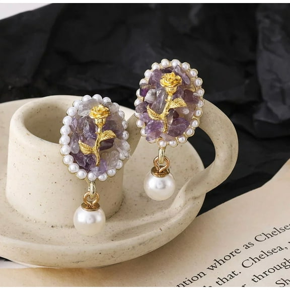 Vintage clip on 1 1/2" gold purple stone oval earrings with white pearl