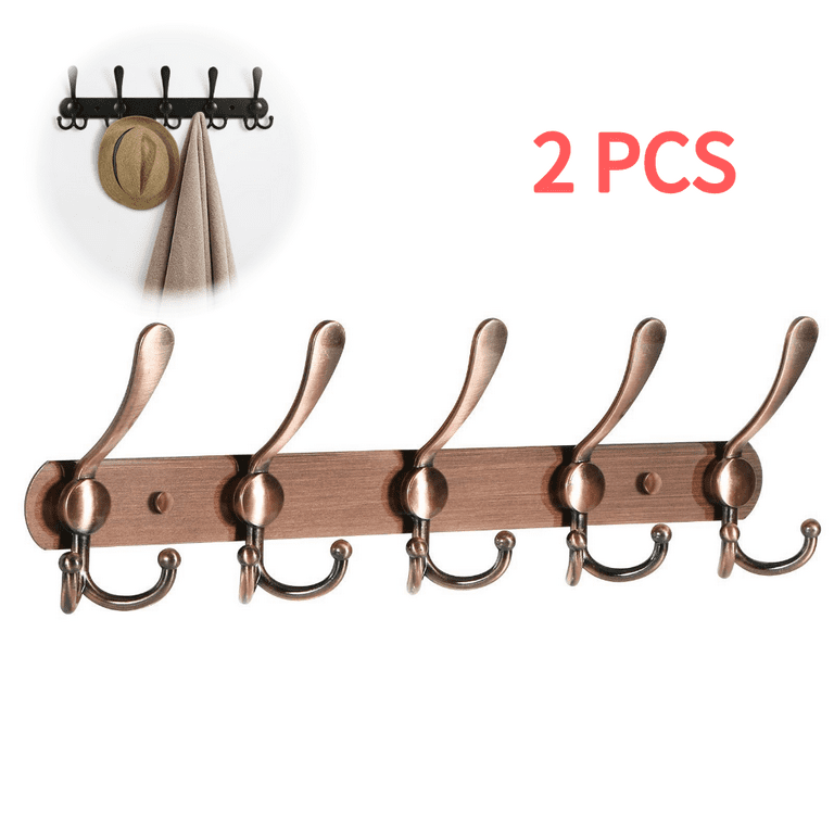 2pcs Wall Mounted Coat Rack with 5 Tri Hooks,Heavy Duty Metal Coat Hook Rail for Coat Hat Towel Purse Robes Mudroom Bathroom Entryway, Brown